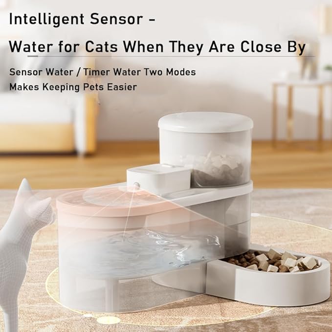 Marchul Wireless Pet Fountain and Gravity Auto Feeder Set, 67 oz(2L) Non-Leakage Silent Pet Fountain with Multi-Angle Auto Cat Feeder, Motion Sensor Pet Fountain Dual Mode, with Filter, Charger