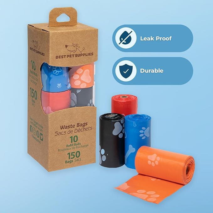 Best Pet Supplies Dog Poop Bags for Waste Refuse Cleanup, Doggy Roll Replacements for Outdoor Puppy Walking and Travel,Leak Proof and Tear Resistant,Thick Plastic, Assorted Colors,5 Count (Pack of 10)