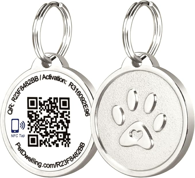 Premium NFC-QR Code Pet ID Tags - Dog Tags and Cat Tags, Connect to Online Pet Profile, Receive Instant Scanned Location Email Alert(Silver Paw)