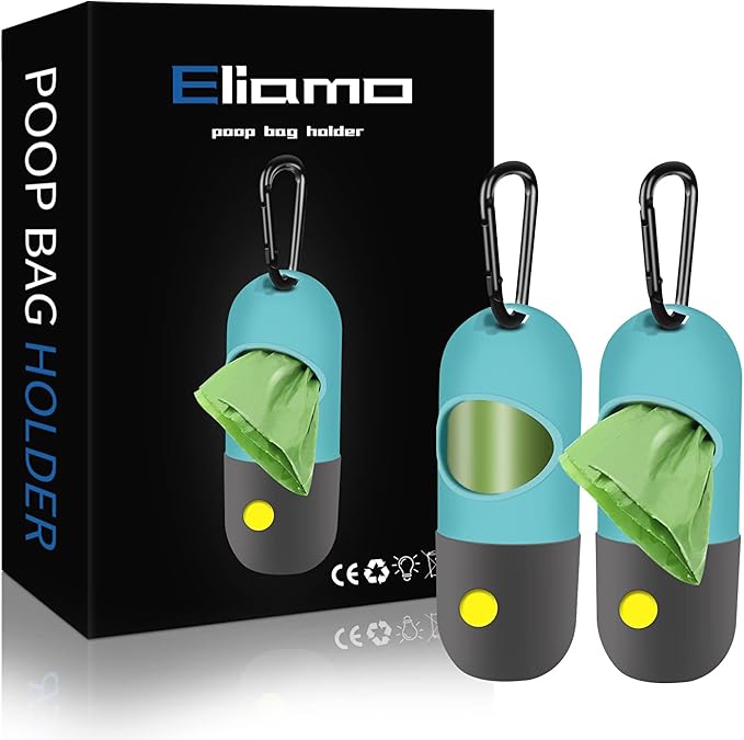 2 Pack Dog Poop Bag Dispenser with Built-in LED Flashlight, Pet Waste Bag Holder for Leash with Carabiner Clip for Lead Leash, 2 Rolls Leak-proof Doggy Waste Bags for Dog Walking, Blue,Eliamo