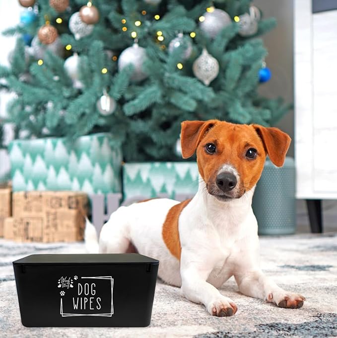 Woof Woof Dog Wipes Dispenser,Upgarde Size(8.2L x 4.9W x 3.9H inches),Dog Paw Butt Wipes Container Storage Box Pet Doggie Grooming Wet Wipes Holder (Dog Wipes(Black))