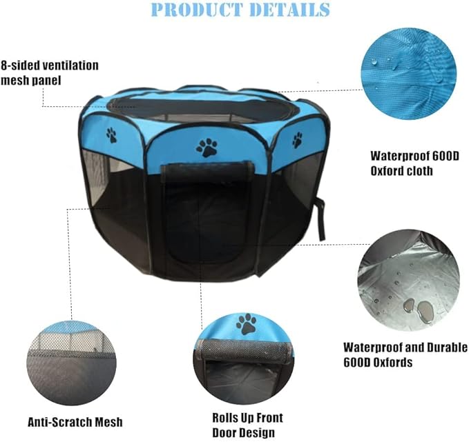 Portable Pet Playpen for Small Cat Dog Puppy Rabbit,Cat Kitten Playpen Indoor Outdoor with Carrying Case,Waterproof Bottom and Removable Zipper Top (S(28.7" x 28.7" x 16"), Blue)