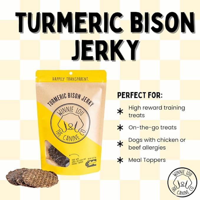 WINNIE LOU Jerky Organic Jerky Dog Treats Made in The USA – Human Grade Dog Treats – Dog Jerky Treats – All Natural Dog Treats – Healthy Dog Treats (Turmeric Bison Jerky)
