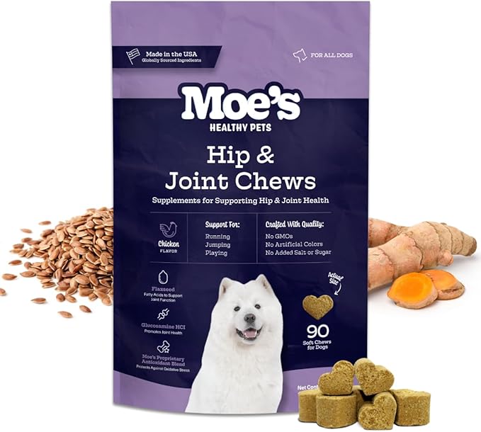 Moe's Glucosamine Dog Joint Supplement + Glucosamine, Chondroitin, Hyaluronic Acid, Vitamin C, E – Bone Health - Joint Pain Relief - Advanced Hip & Joint Care - 90 Chews - Made in USA – All Breeds