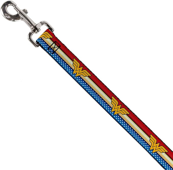 Dog Leash Wonder Woman Logo Stripe Stars Red Gold Blue White 6 Feet Long 0.5 Inch Wide