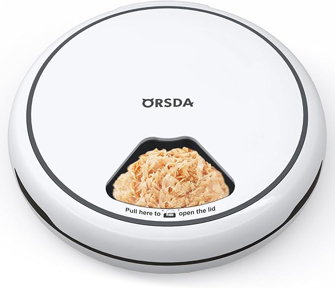ORSDA Automatic Cat Feeder Wet Food/Dry Food, 5 Meal Timed Pet Feeder with Timer Programmable & Voice Recorder, Dual Power Supply Auto Feeder for Cats/Small Dogs