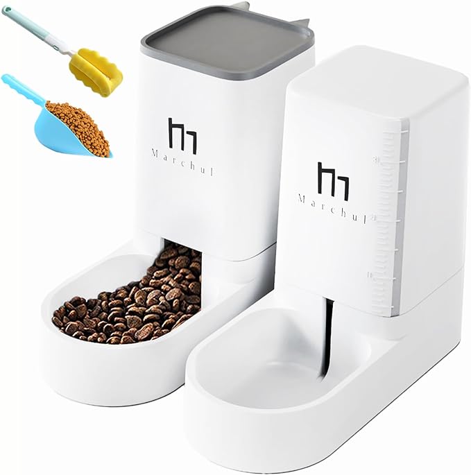 Marchul Cat Feeder and Water Dispenser Set, Automatic Cat Food Dispenser 4.63lb, Gravity Automatic Water Dispenser 1 Gallon, Cat and Dog Feeders with Pet Food Scoop Sponge Bottle Brush