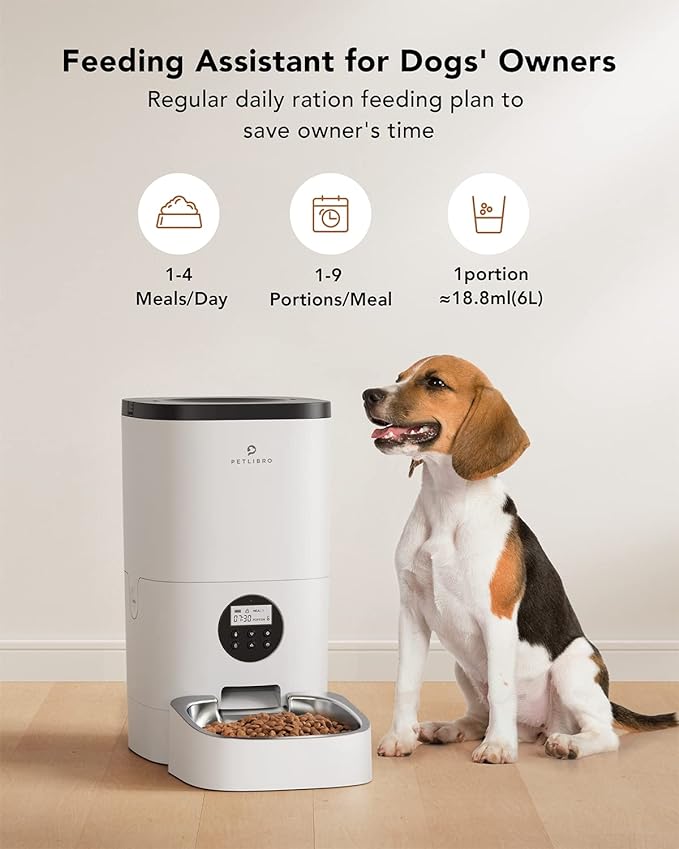 PETLIBRO Automatic Dog Feeder, 6L Dog Food Dispenser with Timer Interactive Voice Recorder, Auto Dog Feeder with Desiccant Bag 1-4 Meals Dry Food, White Opaque