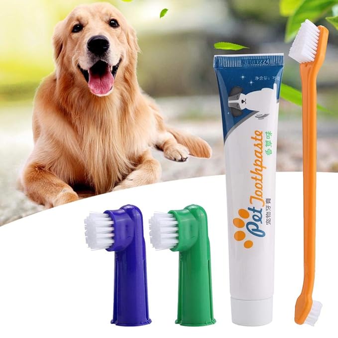 Pet Dog Cat Toothbrush Toothpaste Set Dog Soft Toothbrush Vanilla Flavored Toothpaste Dental Care Tool for Reduces Tartar Buildup with Dual Headed Toothbrush Finger BrushToothpaste
