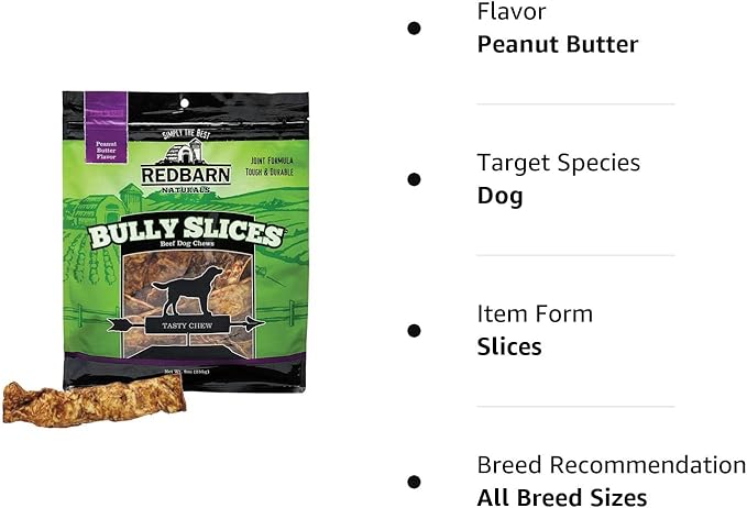 Redbarn Bully Slices Beef Hide Dog Treats, Peanut Butter Flavor - Slow Roasted Grain-Free Rawhide Chew No Artificial Preservatives - 9 oz. (12 Bags)