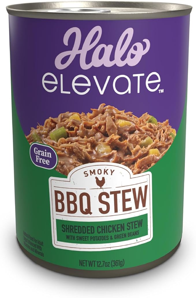 Halo Elevate Wet Dog Food, Grain Free, Smoky BBQ Shredded Chicken Stew with Sweet Potatoes & Green Beans, 12.7oz (Pack of 6)