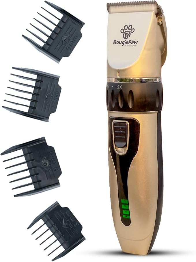 Dog Clippers for Grooming | 12 Pcs Set | Low Noise | Rechargeable | Professional Dog Grooming Kit | Dog Grooming Clippers (Gold with LED Display)