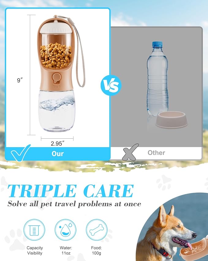 Dog Water Bottle 2 in 1, Leak Proof Portable Pet Water Bottle with Food Container, Outdoor Portable Water Dispenser for Dog, Puppy Supply for Walking, Hike, Camping, Travel(10oz Orange Pink)