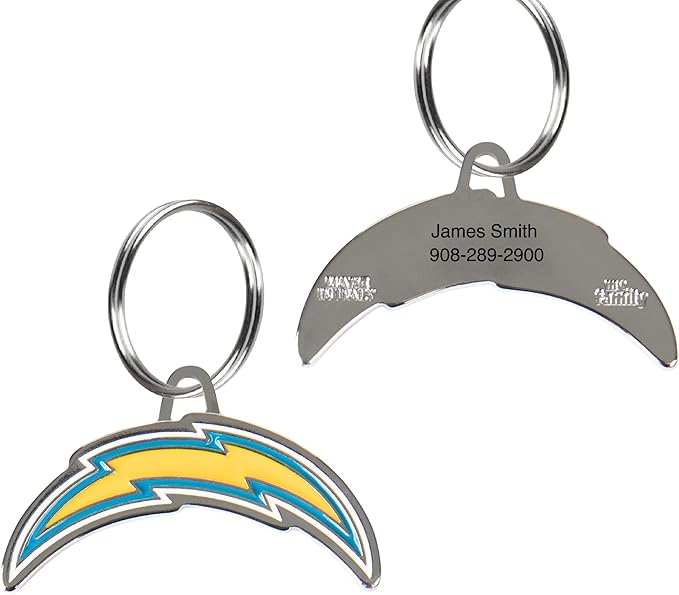 NFL Los Angeles Chargers Engraving Pet ID Tags in 32 Team Logo Shapes Personalized Dog Tags and Cat Tags with 3 Lines of Customizable Text for Tracking & Safety. Stainless Steel Pet ID Tracking Tags