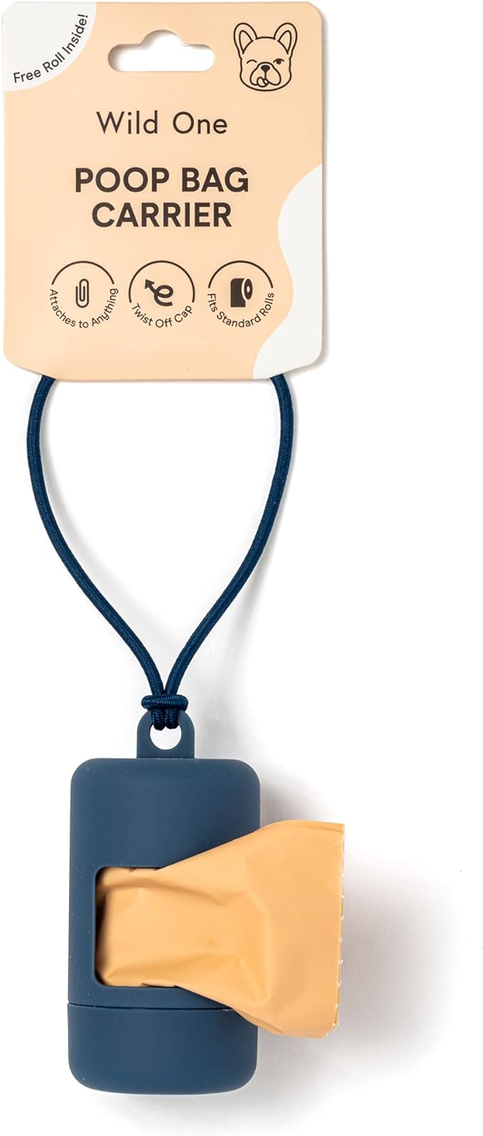 Wild One Dog Poop Bag Holder and Dispenser with Leash Attachment, Leak Proof, Easy Twist Top for Refills, Includes 1 Roll Poop Bags, Blue