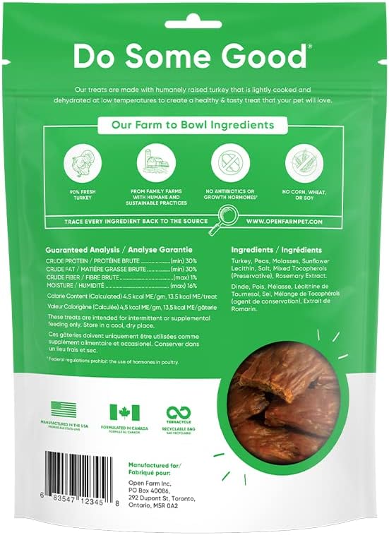 Open Farm Dehydrated Turkey Grain-Free Dog Treats, Gently Cooked Turkey Recipe with Natural Simple Ingredients and No Artificial Flavors or Preservatives, 4.5 oz