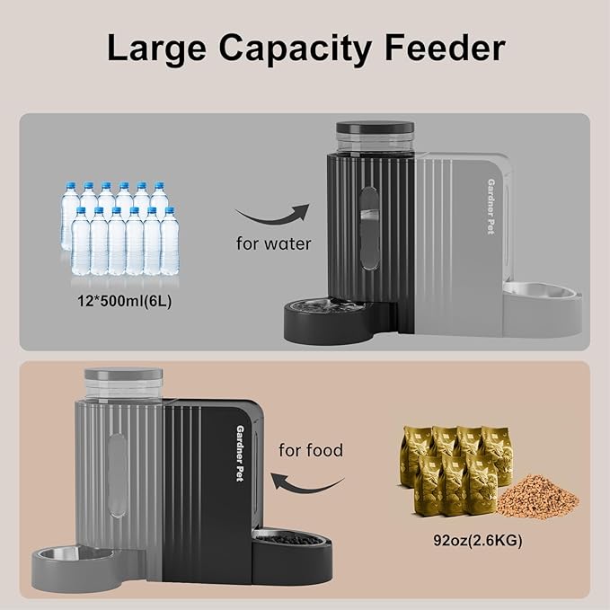 Automatic Gravity Pet Feeder, 1.8 Gallons*2 Dog Feeder and Water Dispenser Set, 2-in-1 Automatic Feeder and Stainless Steel Water Dispenser for Dogs, Cats, Rabbits, Puppies (Black)