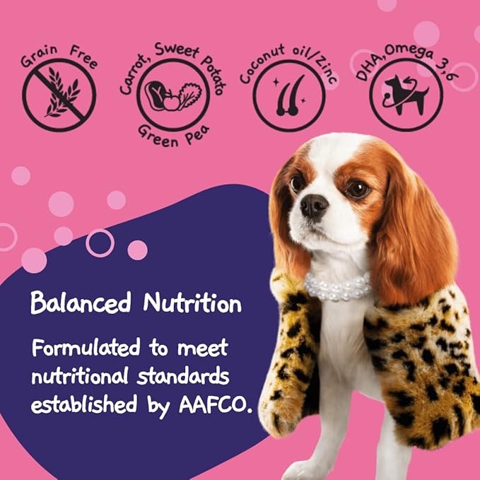 MOOCHIE Grain Free Wet Dog Food for Small Dogs - Skin and Coat - Made with Salmon, Chicken, Beef and Vegetables - No Added Preservatives or Artifical Flavoring - 12 x 3 oz Pouch