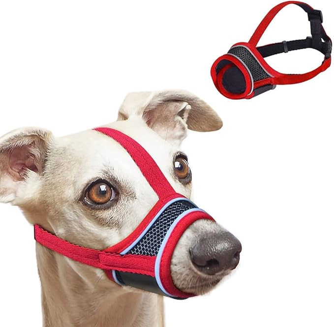 New Dog Muzzle, Breathable Drinkable Mesh Muzzle for Dogs,Anti Biting Barking Chewing,Grooming Muzzle for Dog with Anti-Drop Adjustable Anti-Drop &Shiny Reflective Strap in Night (Red, S)