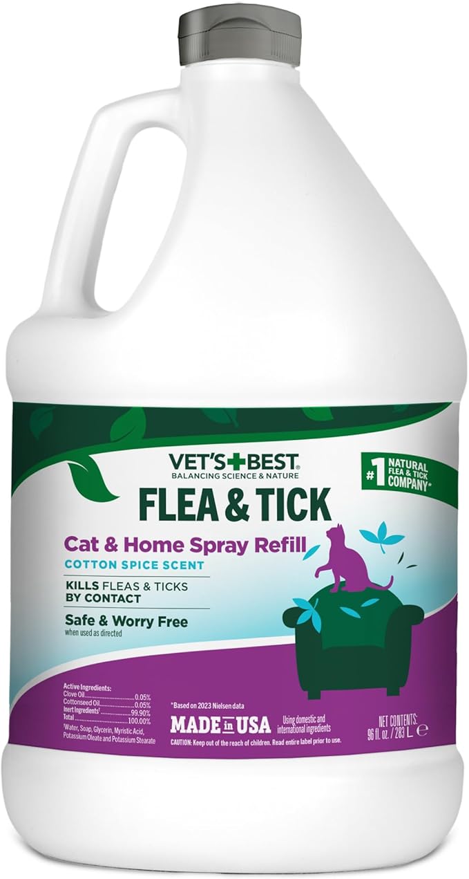 Vet’s Best Flea & Tick Home Spray Refill for Cats – Cotton Spice Scent Cat Flea & Tick Aid – Made in The USA – Flea & Tick Gentle Mist for Cats – 96oz