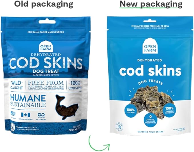 Open Farm Dehydrated Cod Skin Grain-Free Dog Treats, One-Ingredient Gently Cooked Pacific Fish Recipe with No Artificial Flavors or Preservatives, 2.25 oz