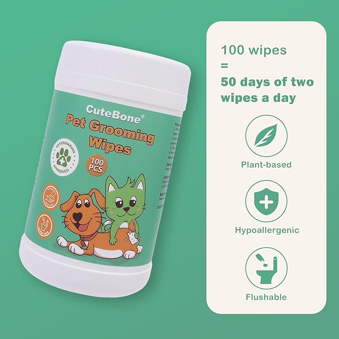 CuteBone Pet Grooming Wipes - Hypoallergenic&Deodorizing Flushable Anal Gland Wipes for Dogs, Relieve Inflammation&Itching, Cleans Paws & Butt, Puppy Wipes 100 Count