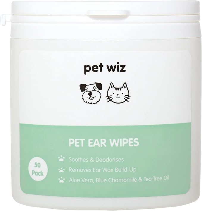 pet wiz Ear Wipes for Dogs & Cats. Clean, Soothe & Deodorise with Natural Active Ingredients Aloe Vera, Witch Hazel, Tea Tree Oil and Blue Chamomile Extract.