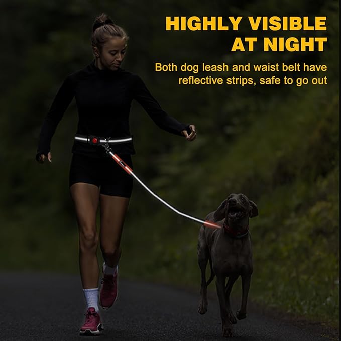 Pawaboo Hands-Free Dog Leash with Waist Belt, Elastic Dog Waist Leash with Wider Belt, Reflective Dog Running Belt Absorbing Shock, Durable Padded Handle Bungee Leash for Dogs (25-150 lbs, Black)