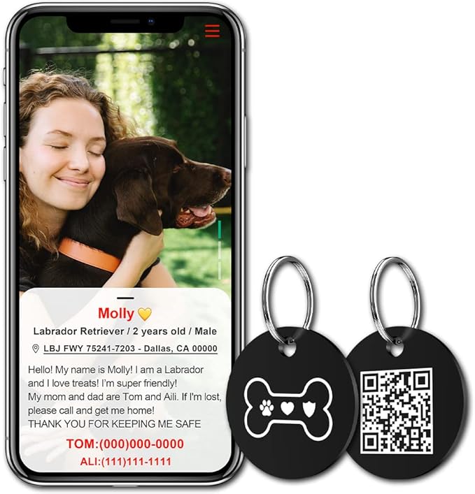 MYLUCKYTAG Stainless Steel QR Code Pet ID Tags Dog Tags - Pet Online Profile - Scan QR Receive Instant Pet Location Alert Email