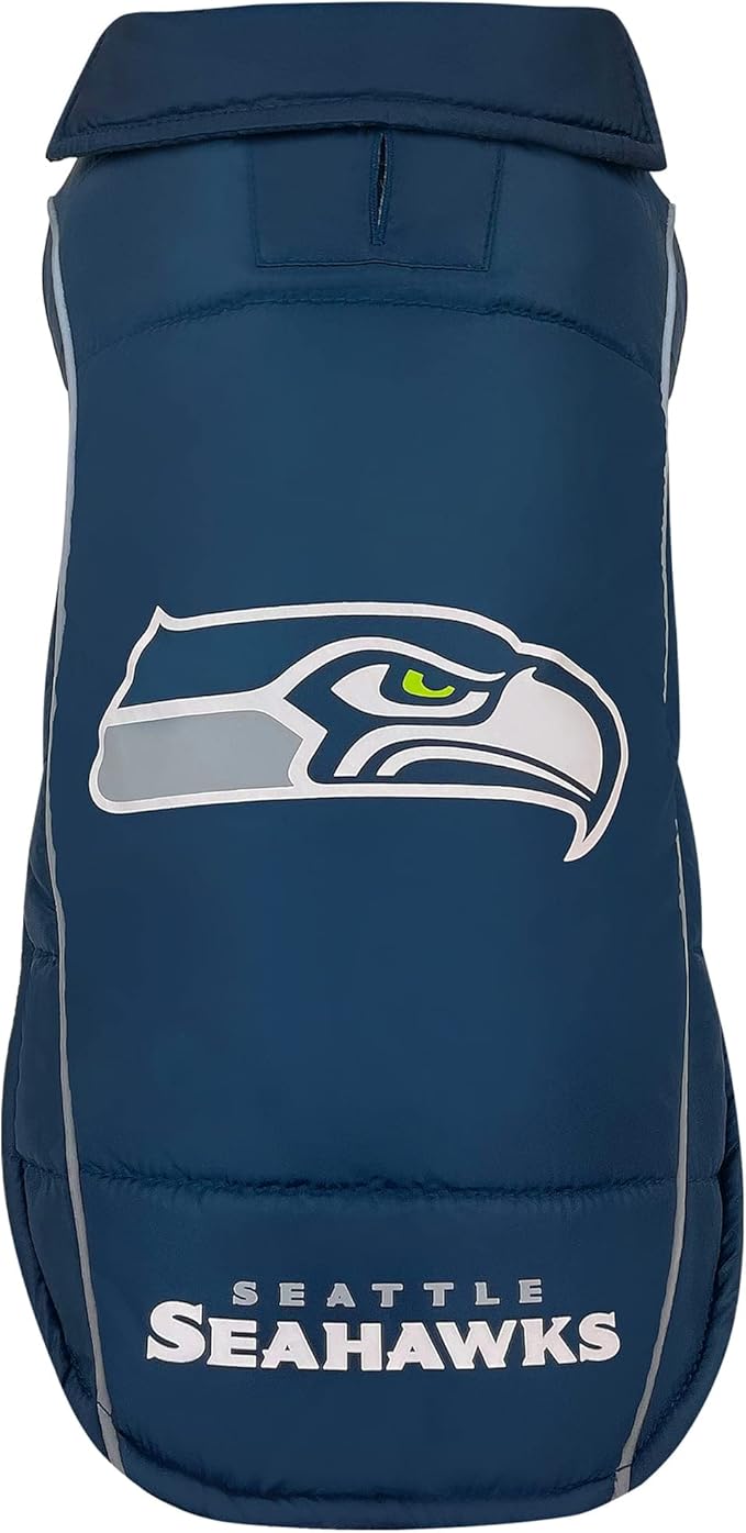 NFL New Seattle Seahawks Puffer Vest for Dogs & Cats, Size Small. Warm, Cozy, and Waterproof Dog Coat, for Small and Large Dogs/Cats. Best NFL Licensed PET Warming Sports Jacket