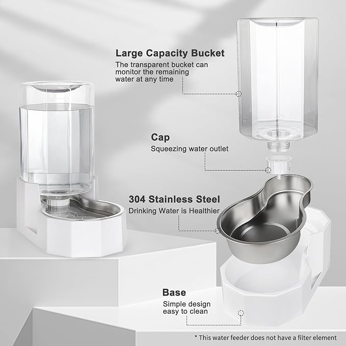 RIZZARI Automatic 6.3L Gravity Pet Water Dispenser with Stainless Steel Bowls, 100% BPA-Free,Safe and Large Capacity, Suitable for Small and Medium-Sized Cats and Dogs (6.3L without Filter)