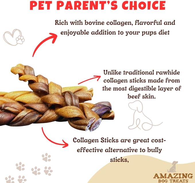 Amazing Dog Treats - 6 Inch Braided Collagen Sticks for Dogs - (10 Count) - Collagen Bully Sticks for Dogs - 95% Natural Collagen Sticks for Dogs - No Hide Bones for Dogs