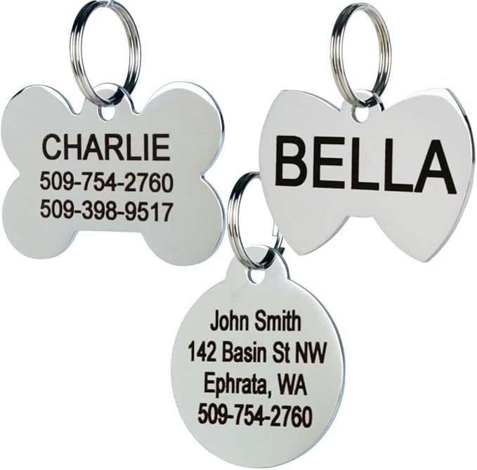 GoTags Dog Tags Personalized Engraved Pet ID Tags, Stainless Steel, Front and Backside Engraving, Available in Bone, Round, Heart, Bow Tie and More, Small and Large Dog and Cat (Pack of 1)