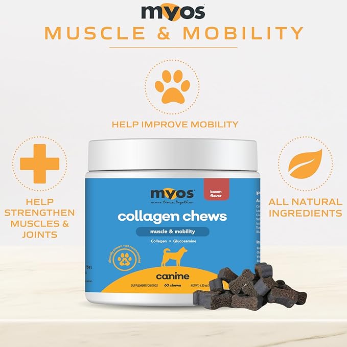 MYOS Canine Muscle & Mobility Chews – Natural Collagen & Glucosamine for Dogs - Bacon Flavor Joint Supplement for Muscle, Bone & Joint Support, 60 Count