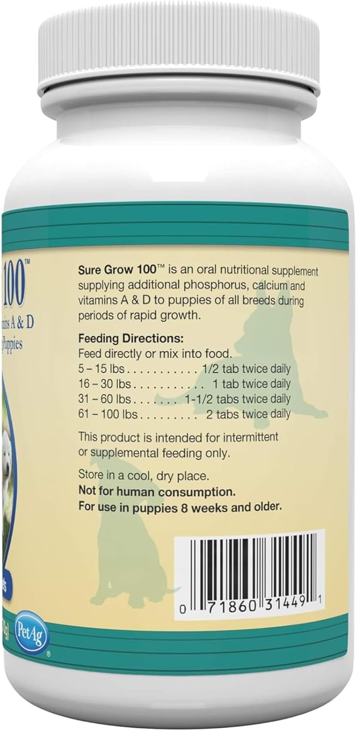 Pet-Ag Sure Grow 100 - Promotes Optimal Bone Development in Puppies Eight Weeks and Older - With Calcium, Phosphorus, and Vitamins A & D - 100 Chewable Tablets