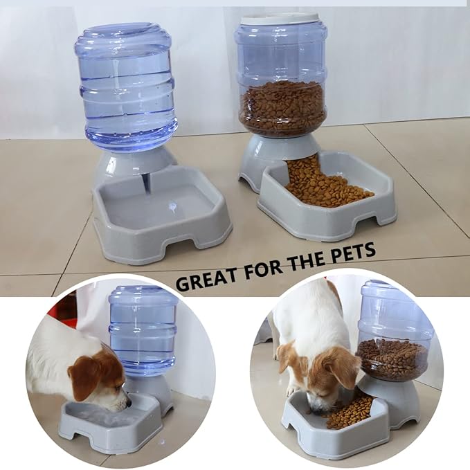 2 Pack Automatic Dog Cat Feeder and Water Dispenser ,Gravity Multi Pet Drinking Fountain , Set with Pet Food Bowl for Medium Dog Puppy Kitten, Big Capacity 1 Gallon x 2 (Waterer+Feeder)