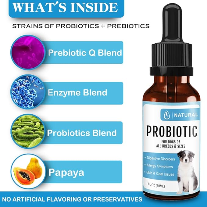 Probiotic for Dogs, Probiotic Drops for Dogs with Digestive Enzymes, Probiotics for Dogs Digestive Health, Diarrhea & Upset Stomach Relief + Gas, Constipation, and Allergy Relief.