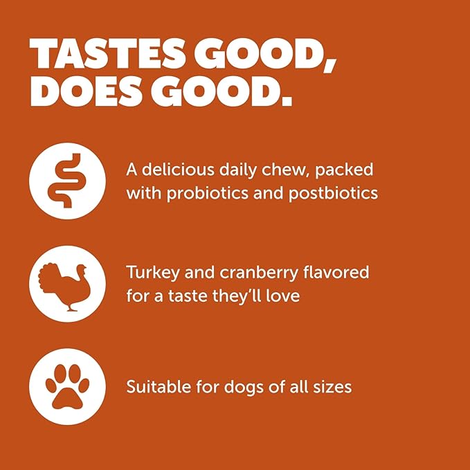 Daily Care Gut+ Immunity, 60 probiotic and postbiotic Dog Supplement Chews – Turkey and Cranberry Flavored