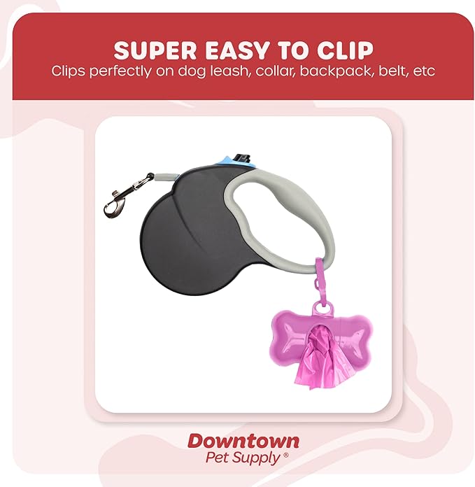 Downtown Pet Supply 220 Count Dog Poop Bags Refills with Leash Clip and Bone Bag Dispenser, Pink - Dog Waste Bags Unscented and Leak-Proof with Dog Poop Bag Dispenser - 12.5 x 8.5"