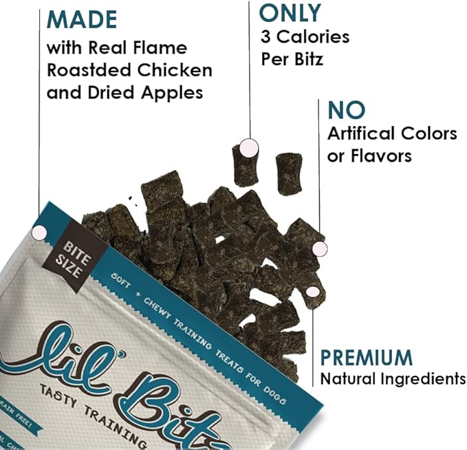 Lil' Bitz Flame Roasted Chicken Training Treats for All Dog Breeds - Low Calories, Grain Free, Natural Ingredients, NASC Compliance - Perfect Reward for Dogs of Every Size (6 Pack)