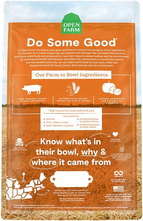 Open Farm Ancient Grains Dry Dog Food, Humanely Raised Meat, Wholesome Grains, No Artificial Flavors or Preservatives (Farmer's Table Pork Ancient Grain, 11 Pound Pack of 1)