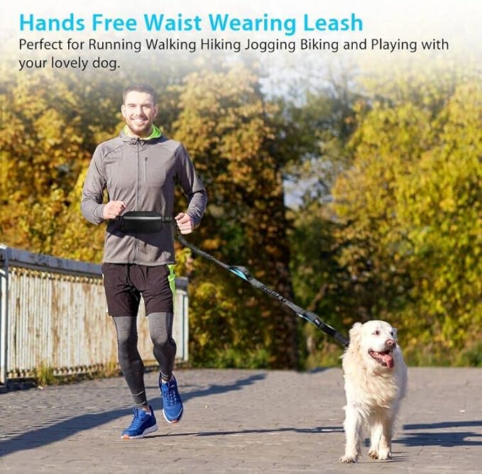 Hands Free Dog Running Leash with Zipper Pouch, Dual Handle, Elastic Bungees Retractable Rope for Medium and Large Dogs, Waist Bag Pack Carry All Phones Money for Walking Hiking Biking