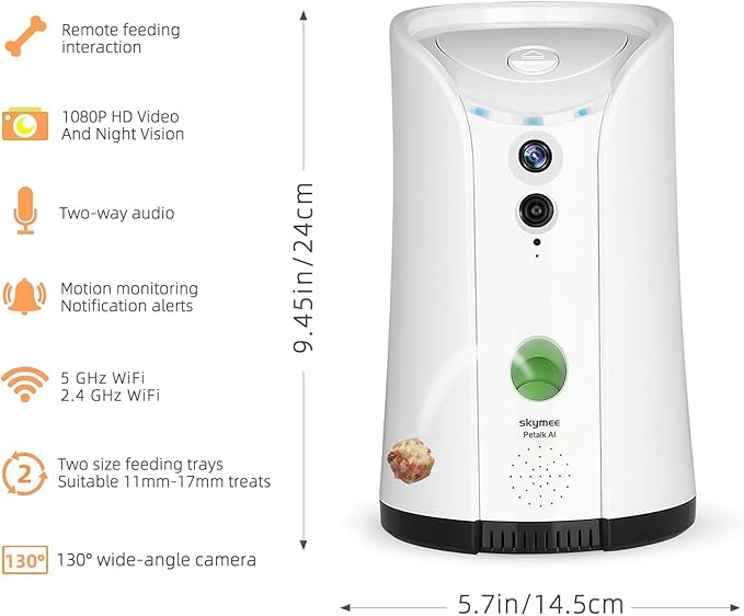 SKYMEE Dog Camera Treat Dispenser, 5GWiFi Remote Pet Camera with Two-Way Audio and Night Vision