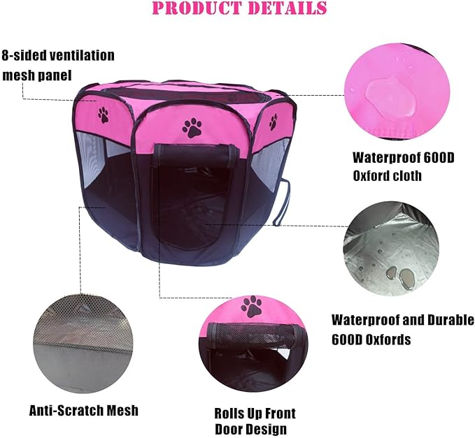 Portable Pet Playpen for Small Cat Dog Puppy Rabbit,Cat Kitten Playpen Indoor Outdoor with Carrying Case,Waterproof Bottom and Removable Zipper Top (M(35.4" x35.4" x23.6"), Rose)