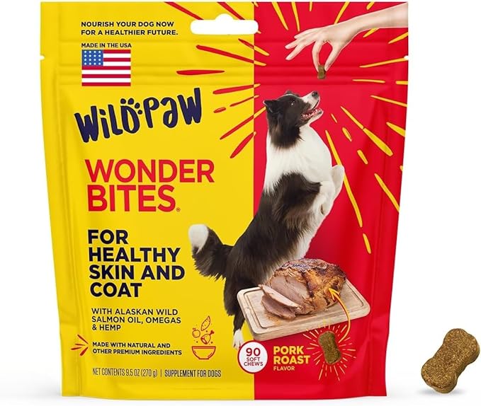 WonderBites for Healthy Skin and Coat - 90 Soft Chews for Dogs - with Wild Alaskan Salmon Oil, Hemp, Vitamins Zinc, C, & E -Skin & Coat Dog Supplement for All Breeds and Sizes