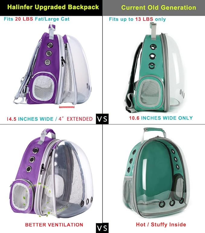 Expandable Cat Backpack Carrier, Fit up to 20 lbs, Space Capsule Astronaut Bubble Window Pet Backpack for Large Cat and Small Puppy (Purple, Front Extension)