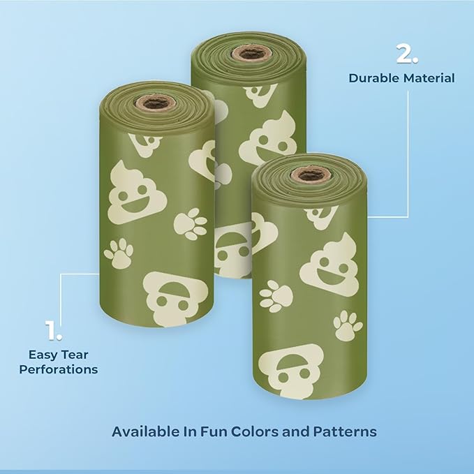 Best Pet Supplies Dog Poop Bags (240 Bags) for Waste Refuse Cleanup, Doggy Roll Replacements for Outdoor Puppy Walking and Travel, Leak Proof and Tear Resistant, Thick Plastic - Green with Poop Emoji