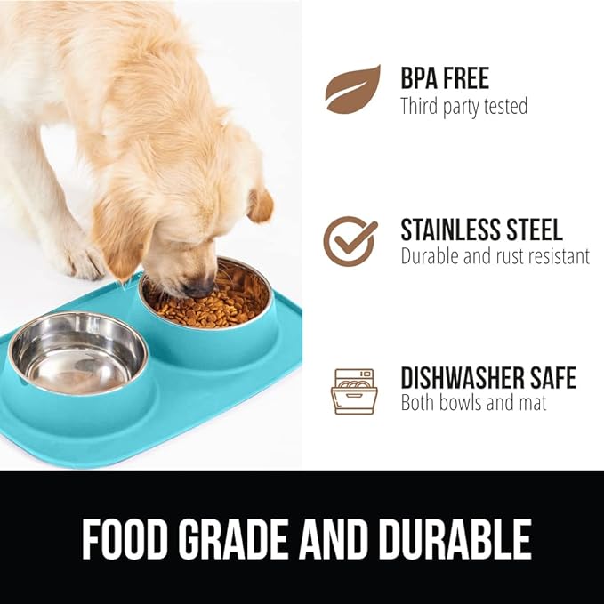 Gorilla Grip 100% Waterproof BPA Free Cat and Dog Bowls Silicone Feeding Mat Set, Stainless Steel Bowl Slip Resistant Raised Edges, Catch Water, Food Mess, No Spills, Pet Accessories, 2 Cup, Turquoise
