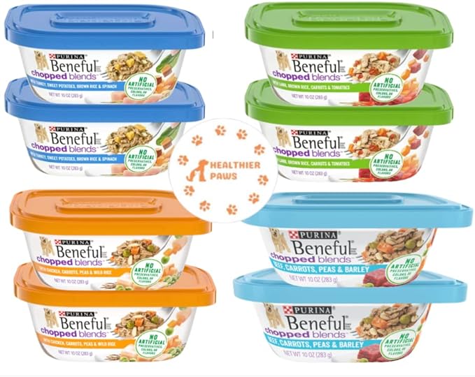 Beneful Chopped Blends Wet Dog Food 10 oz. Tub Combo Variety Bundle 4 Flavors 2 of Each Flavors, Total of 8 tub with Healthier Paws Sticker!!!