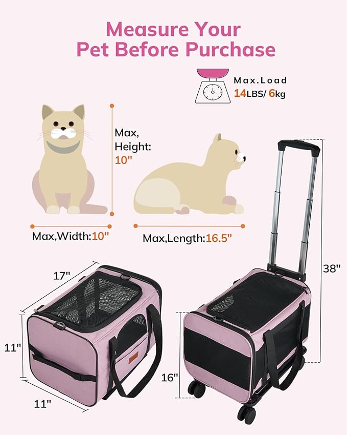 Morpilot Cat Carrier with Wheels Airline Approved, Pet Dog Carrier with Wheels for Small Dogs, Rolling Cat Carrier for Large Cats Puppy Stroller Detachable and Foldable Pet Travel Bag Pink
